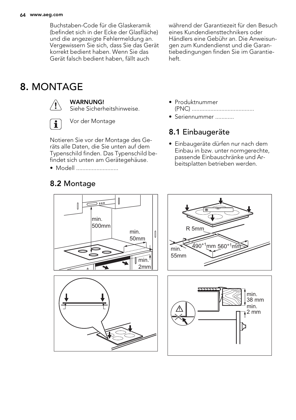 Montage, 1 einbaugeräte, 2 montage | AEG HE634400XB User Manual | Page 64 / 68