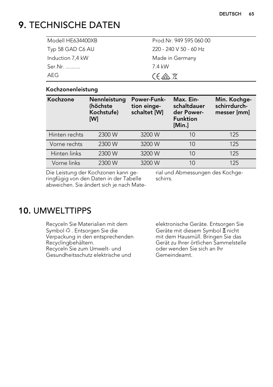Technische daten, Umwelttipps | AEG HE634400XB User Manual | Page 65 / 68