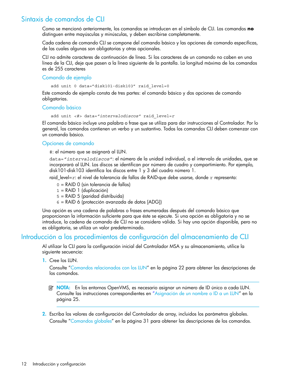 Sintaxis de comandos de cli, Comando de ejemplo, Comando básico | Opciones de comando | HP StorageWorks 1500cs Modular Smart Array User Manual | Page 12 / 48