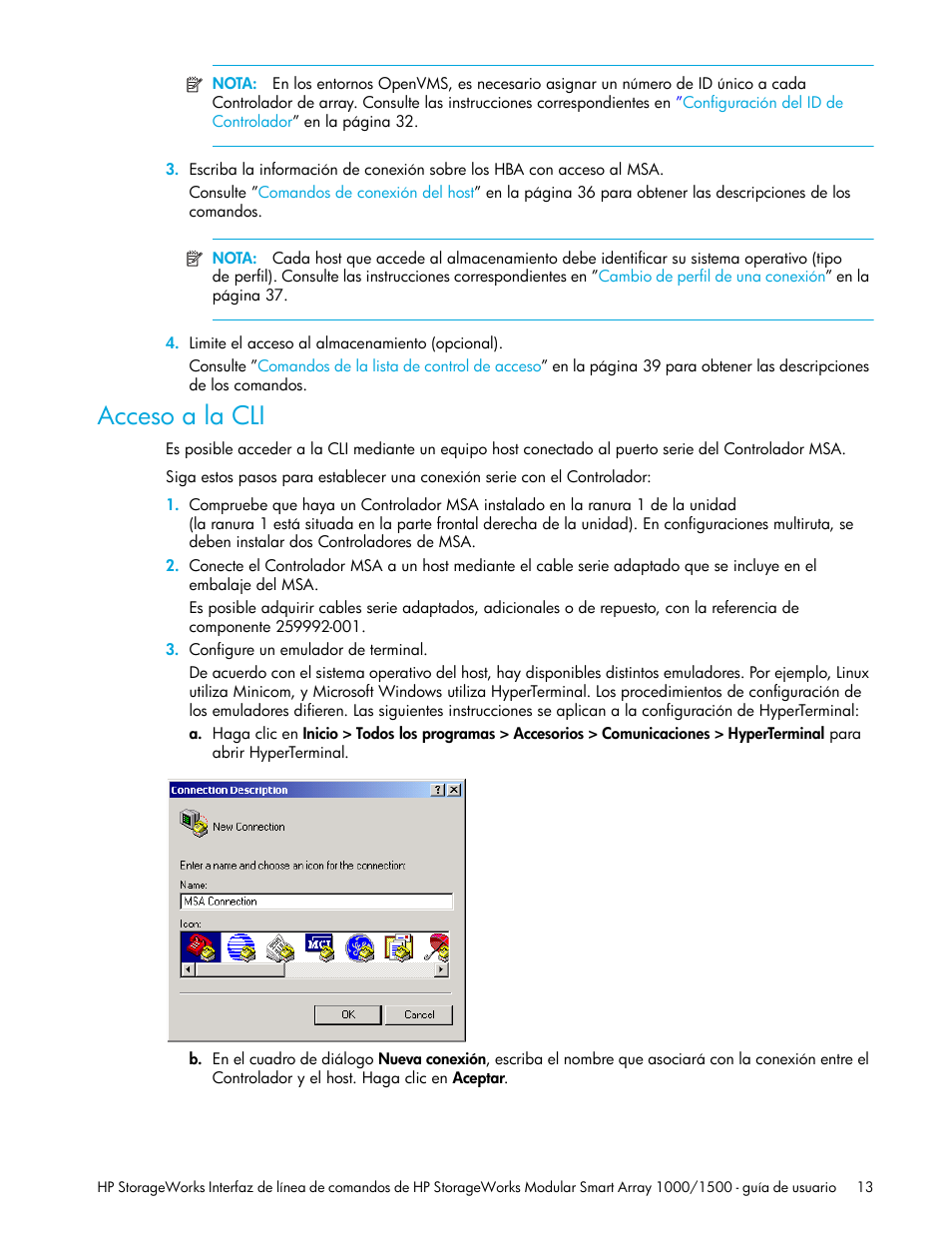 Acceso a la cli | HP StorageWorks 1500cs Modular Smart Array User Manual | Page 13 / 48