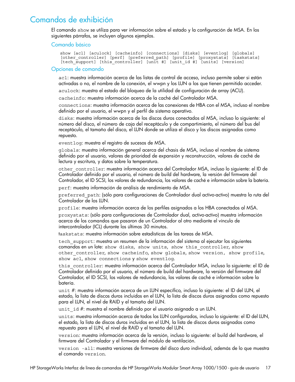 Comandos de exhibición, Comando básico, Opciones de comando | HP StorageWorks 1500cs Modular Smart Array User Manual | Page 17 / 48