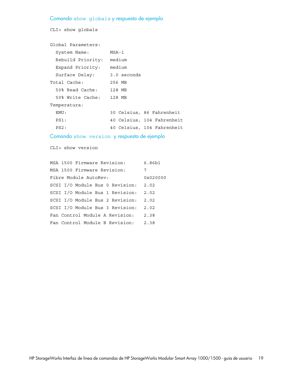 Comando show glob, Comando show vers | HP StorageWorks 1500cs Modular Smart Array User Manual | Page 19 / 48