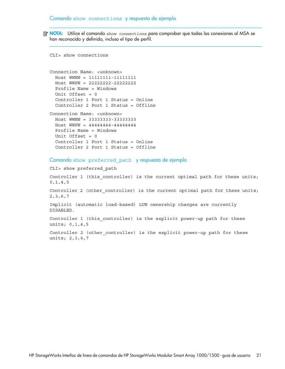 Comando show conn, Comando show pref | HP StorageWorks 1500cs Modular Smart Array User Manual | Page 21 / 48