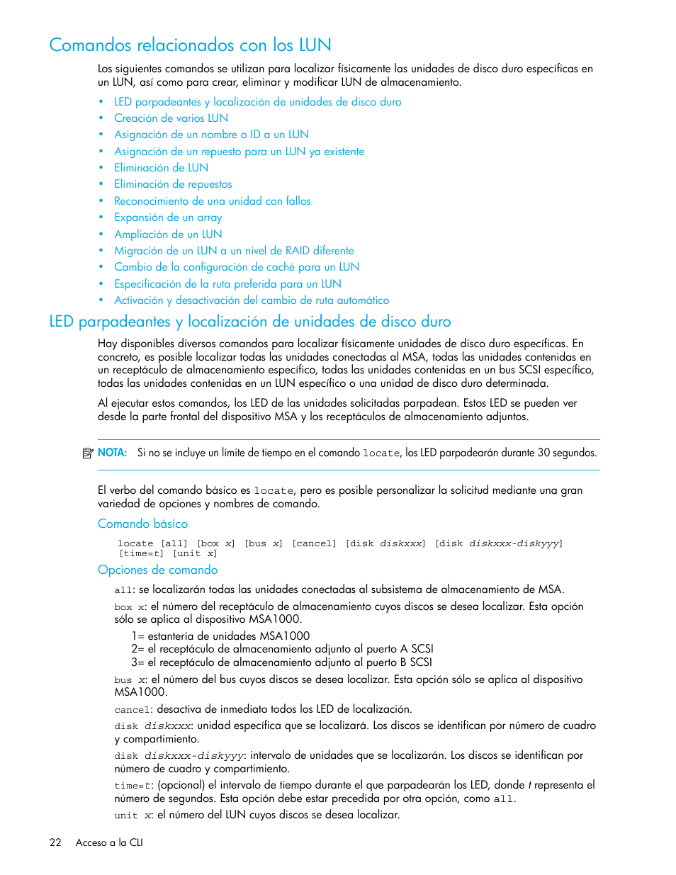 Comandos relacionados con los lun, Comando básico, Opciones de comando | HP StorageWorks 1500cs Modular Smart Array User Manual | Page 22 / 48