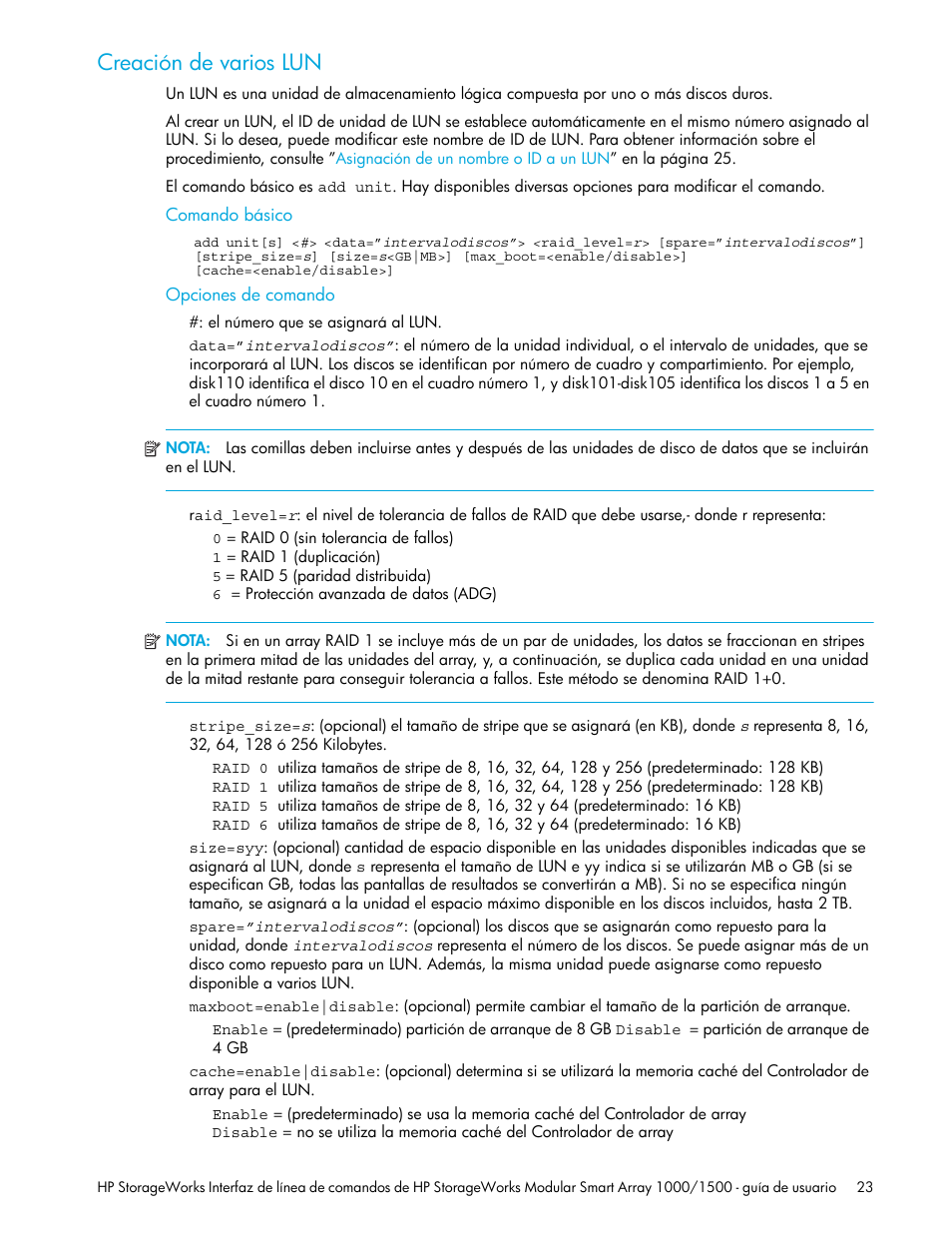 Creación de varios lun, Comando básico, Opciones de comando | HP StorageWorks 1500cs Modular Smart Array User Manual | Page 23 / 48