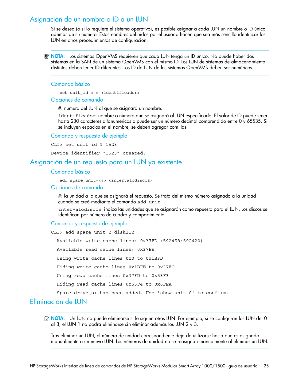 Asignación de un nombre o id a un lun, Asignación de un repuesto para un lun ya existente, Eliminación de lun | Comando básico, Opciones de comando, Comando y respuesta de ejemplo, En la | HP StorageWorks 1500cs Modular Smart Array User Manual | Page 25 / 48