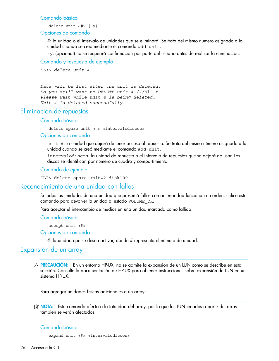 Eliminación de repuestos, Reconocimiento de una unidad con fallos, Expansión de un array | Comando básico, Opciones de comando, Comando y respuesta de ejemplo, Comando de ejemplo | HP StorageWorks 1500cs Modular Smart Array User Manual | Page 26 / 48