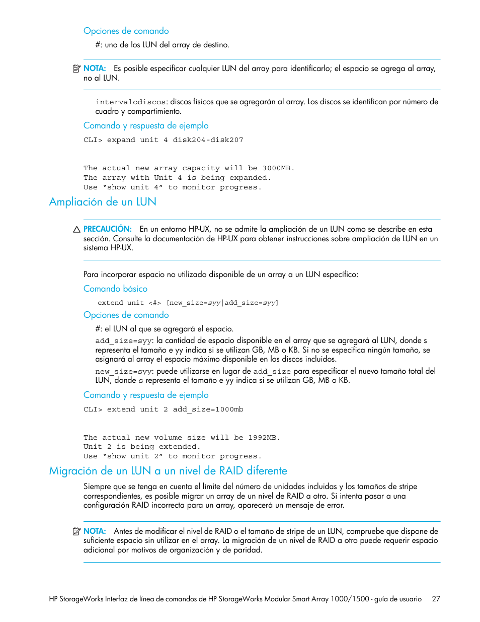 Ampliación de un lun, Migración de un lun a un nivel de raid diferente, Opciones de comando | Comando y respuesta de ejemplo, Comando básico | HP StorageWorks 1500cs Modular Smart Array User Manual | Page 27 / 48