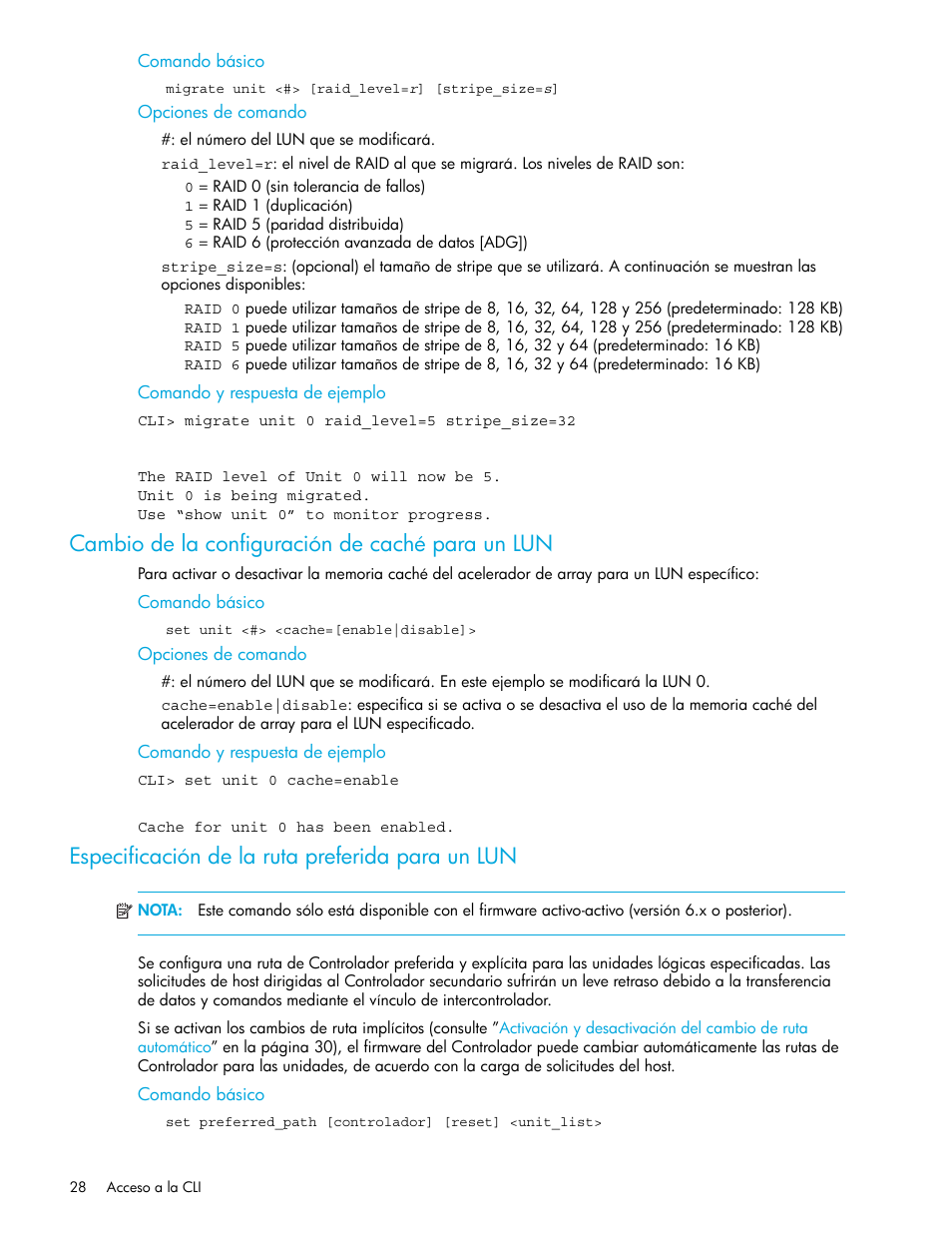 Cambio de la configuración de caché para un lun, Especificación de la ruta preferida para un lun, Comando básico | Opciones de comando, Comando y respuesta de ejemplo | HP StorageWorks 1500cs Modular Smart Array User Manual | Page 28 / 48