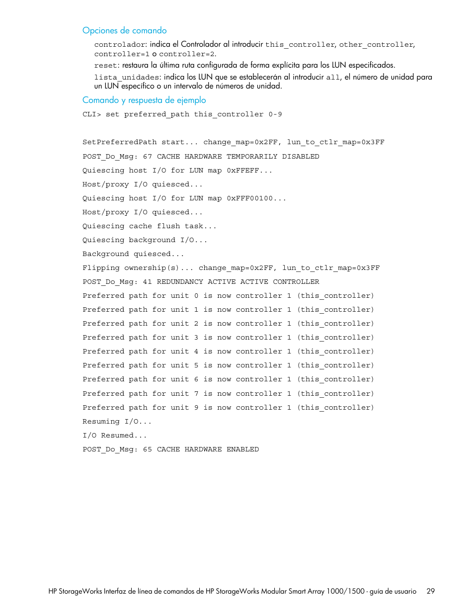 Opciones de comando, Comando y respuesta de ejemplo | HP StorageWorks 1500cs Modular Smart Array User Manual | Page 29 / 48