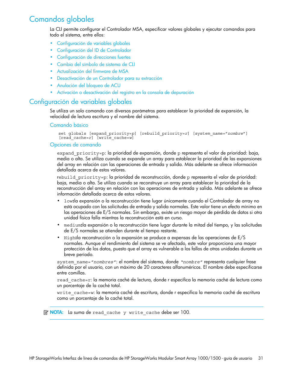 Comandos globales, Configuración de variables globales, Comando básico | Opciones de comando | HP StorageWorks 1500cs Modular Smart Array User Manual | Page 31 / 48