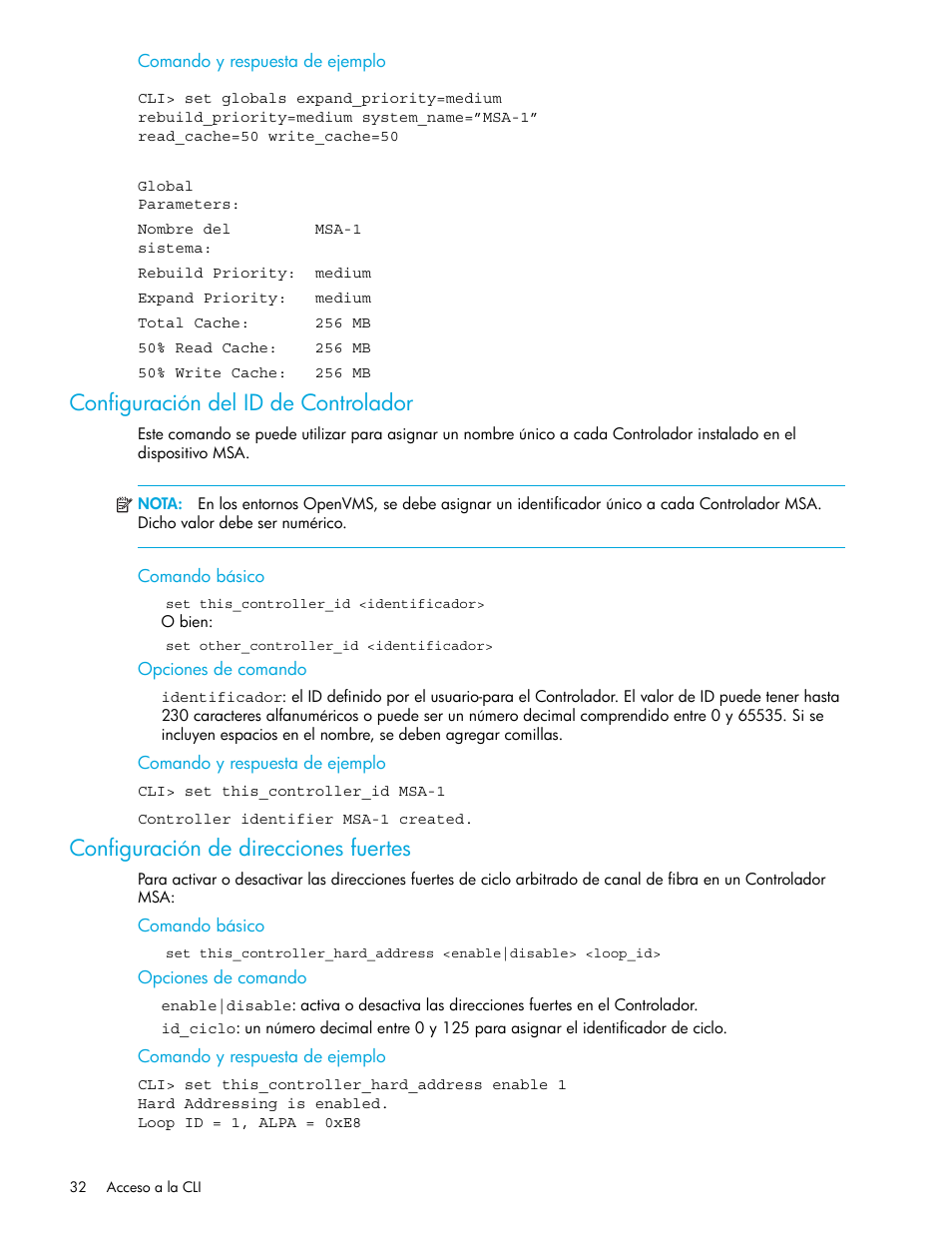 Configuración del id de controlador, Configuración de direcciones fuertes, Comando y respuesta de ejemplo | Comando básico, Opciones de comando, Configuración del id de, Controlador | HP StorageWorks 1500cs Modular Smart Array User Manual | Page 32 / 48