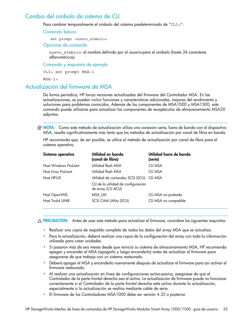 Cambio del símbolo de sistema de cli, Actualización del firmware de msa, Comando básico | Opciones de comando, Comando y respuesta de ejemplo | HP StorageWorks 1500cs Modular Smart Array User Manual | Page 33 / 48