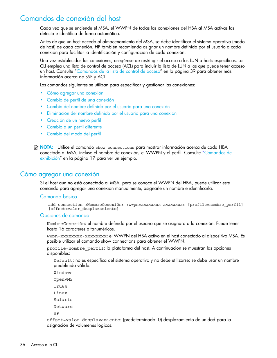 Comandos de conexión del host, Cómo agregar una conexión, Comando básico | Opciones de comando | HP StorageWorks 1500cs Modular Smart Array User Manual | Page 36 / 48