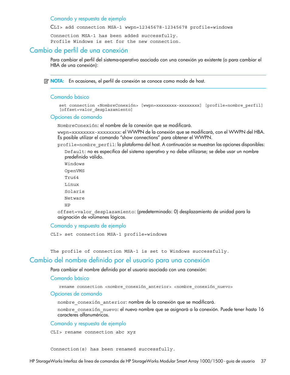 Cambio de perfil de una conexión, Comando y respuesta de ejemplo, Comando básico | Opciones de comando, En la | HP StorageWorks 1500cs Modular Smart Array User Manual | Page 37 / 48