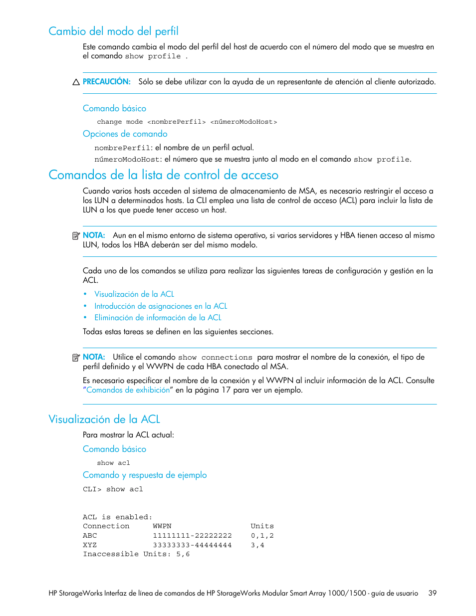 Cambio del modo del perfil, Comandos de la lista de control de acceso, Visualización de la acl | Comando básico, Opciones de comando, Comando y respuesta de ejemplo | HP StorageWorks 1500cs Modular Smart Array User Manual | Page 39 / 48