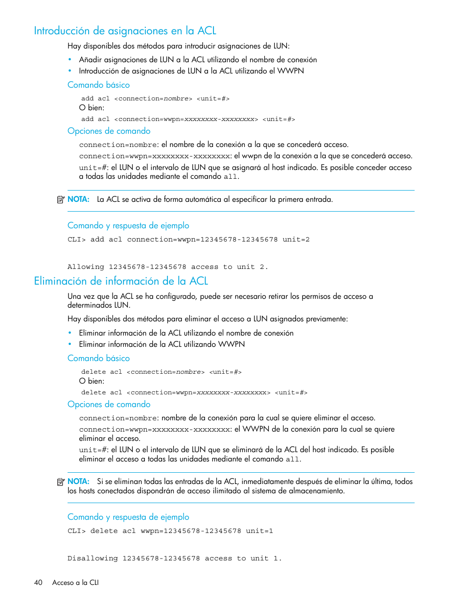 Introducción de asignaciones en la acl, Eliminación de información de la acl, Comando básico | Opciones de comando, Comando y respuesta de ejemplo | HP StorageWorks 1500cs Modular Smart Array User Manual | Page 40 / 48