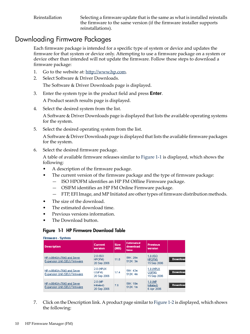 Downloading firmware packages, Hp firmware download table | HP Integrity rx4640 Server User Manual | Page 10 / 36