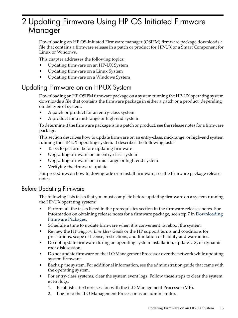 Updating firmware on an hp-ux system, Before updating firmware | HP Integrity rx4640 Server User Manual | Page 13 / 36