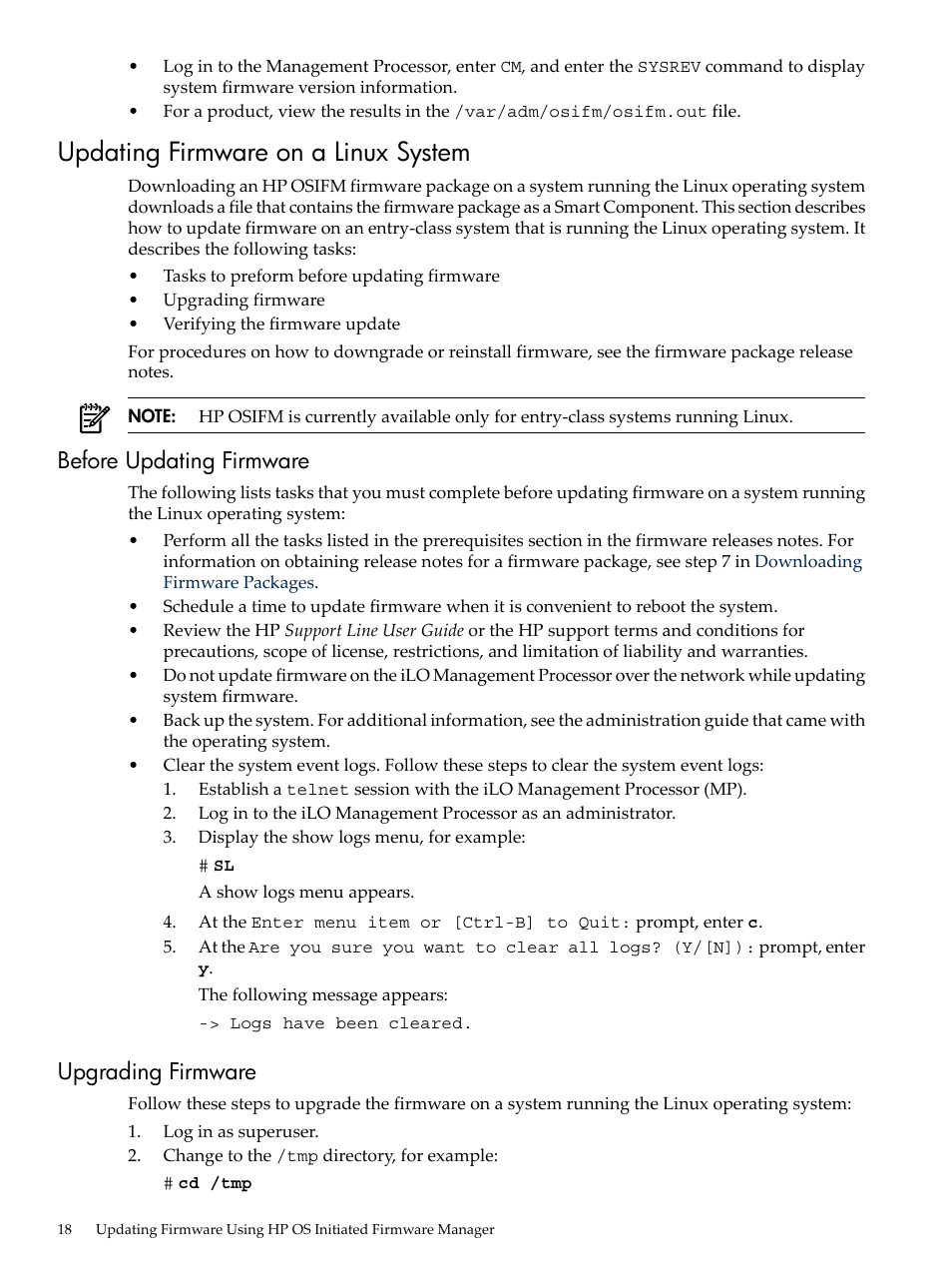 Updating firmware on a linux system, Before updating firmware, Upgrading firmware | Before updating firmware upgrading firmware | HP Integrity rx4640 Server User Manual | Page 18 / 36