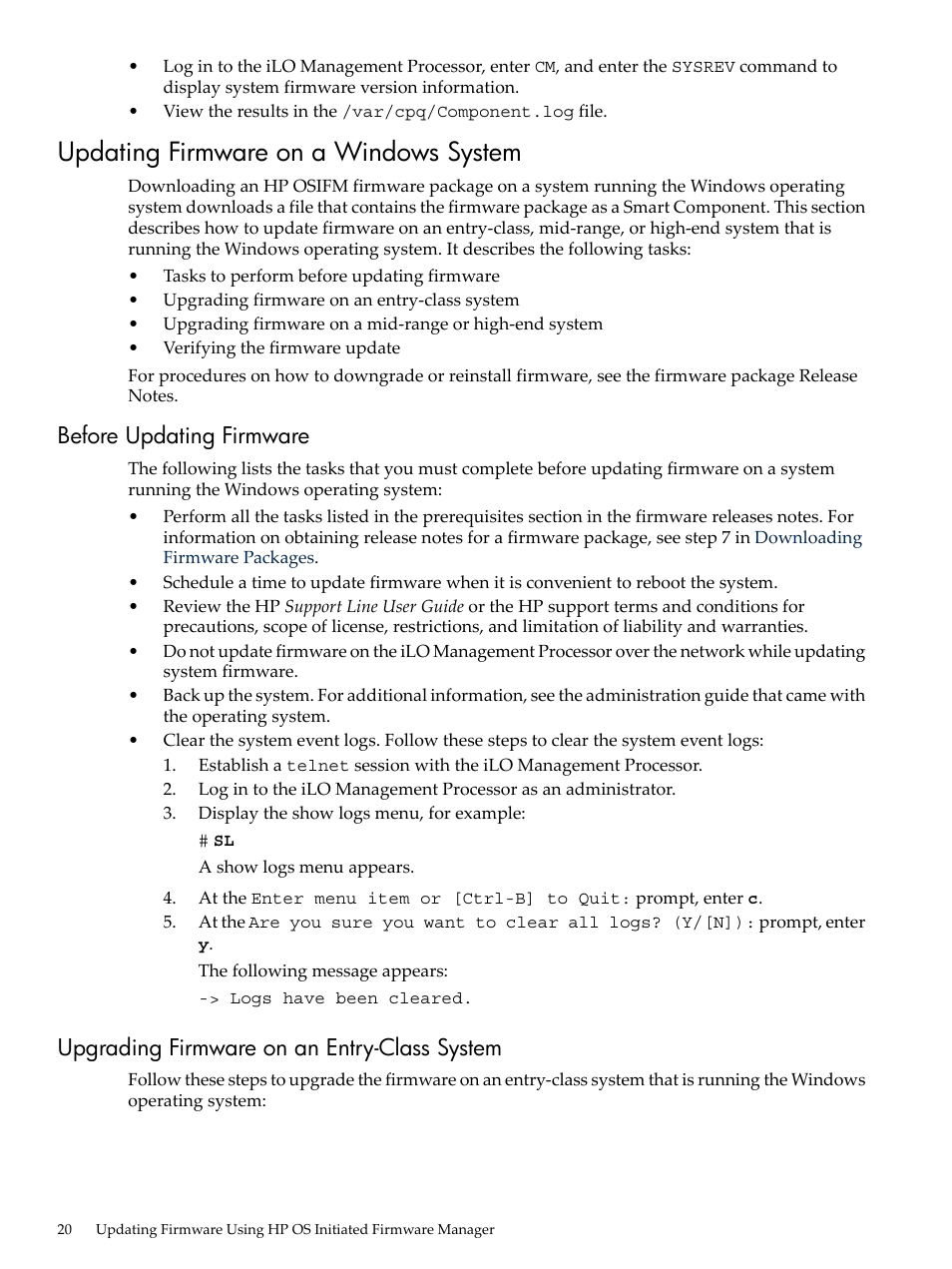 Updating firmware on a windows system, Before updating firmware, Upgrading firmware on an entry-class system | HP Integrity rx4640 Server User Manual | Page 20 / 36