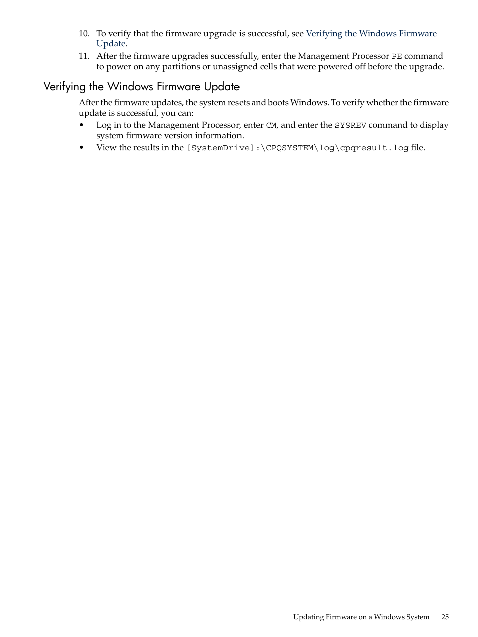 Verifying the windows firmware update, Verifying the windows firmware, Update | HP Integrity rx4640 Server User Manual | Page 25 / 36