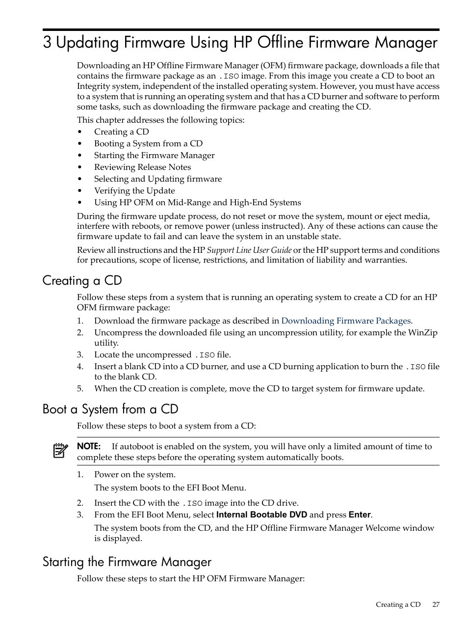 Creating a cd, Boot a system from a cd, Starting the firmware manager | HP Integrity rx4640 Server User Manual | Page 27 / 36