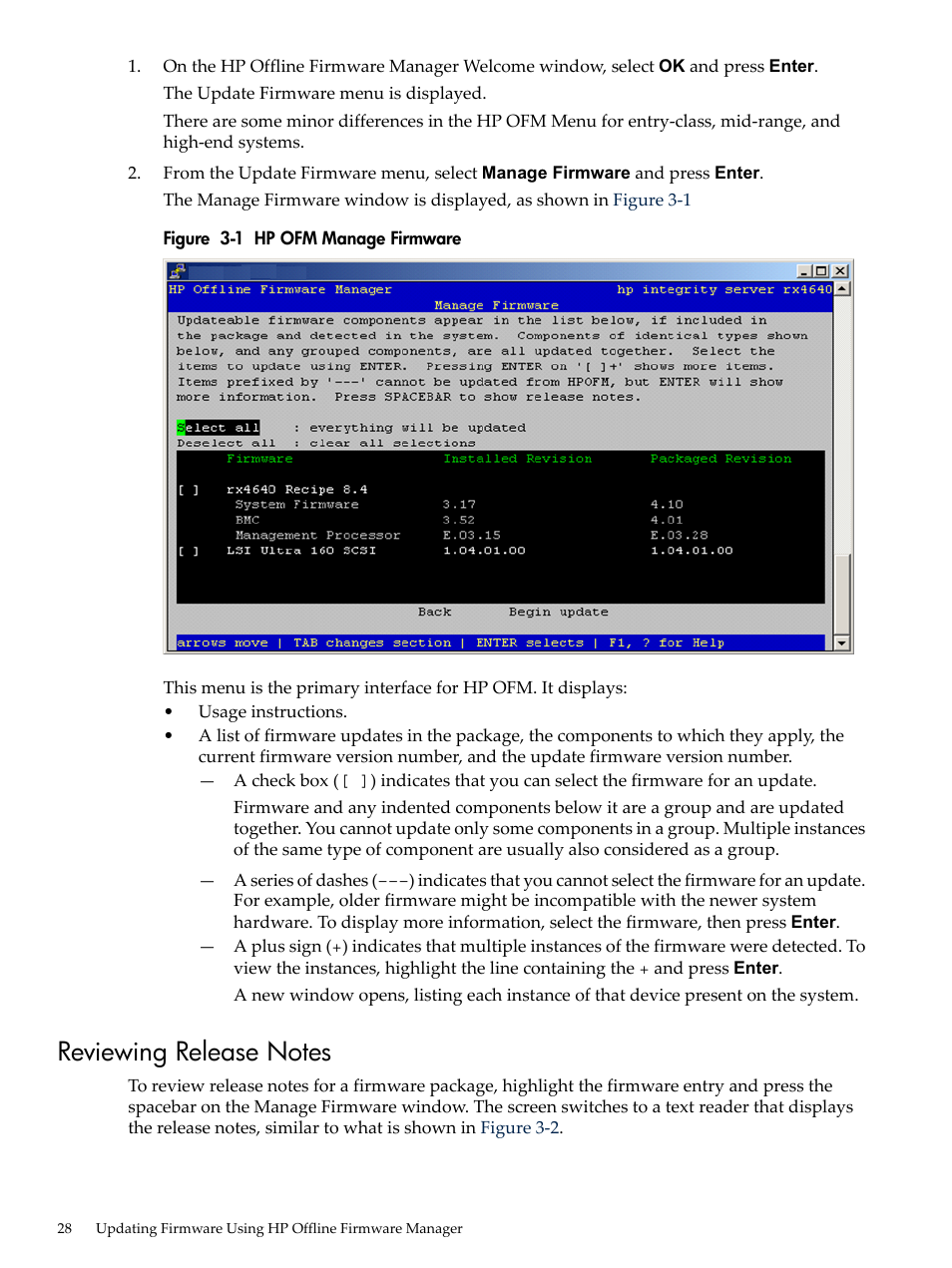 Reviewing release notes, Hp ofm manage firmware | HP Integrity rx4640 Server User Manual | Page 28 / 36