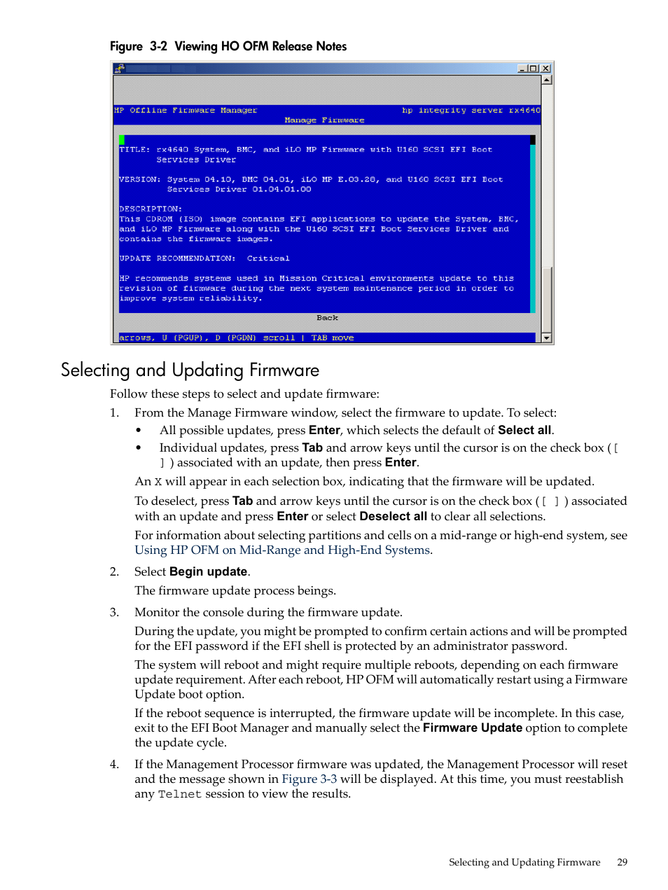 Selecting and updating firmware, Viewing ho ofm release notes | HP Integrity rx4640 Server User Manual | Page 29 / 36