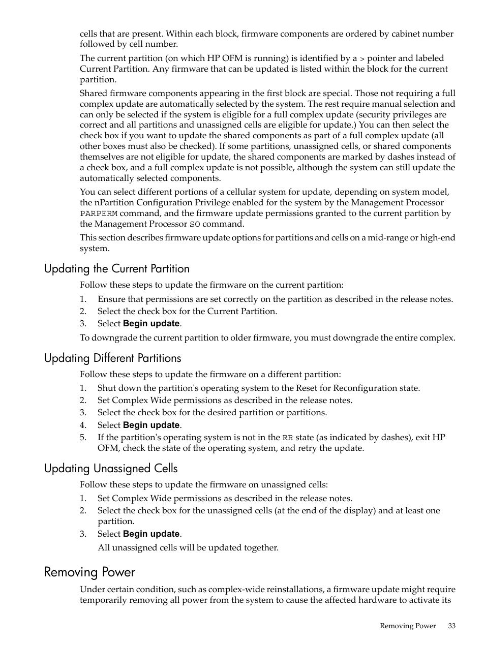 Updating the current partition, Updating different partitions, Updating unassigned cells | Removing power | HP Integrity rx4640 Server User Manual | Page 33 / 36