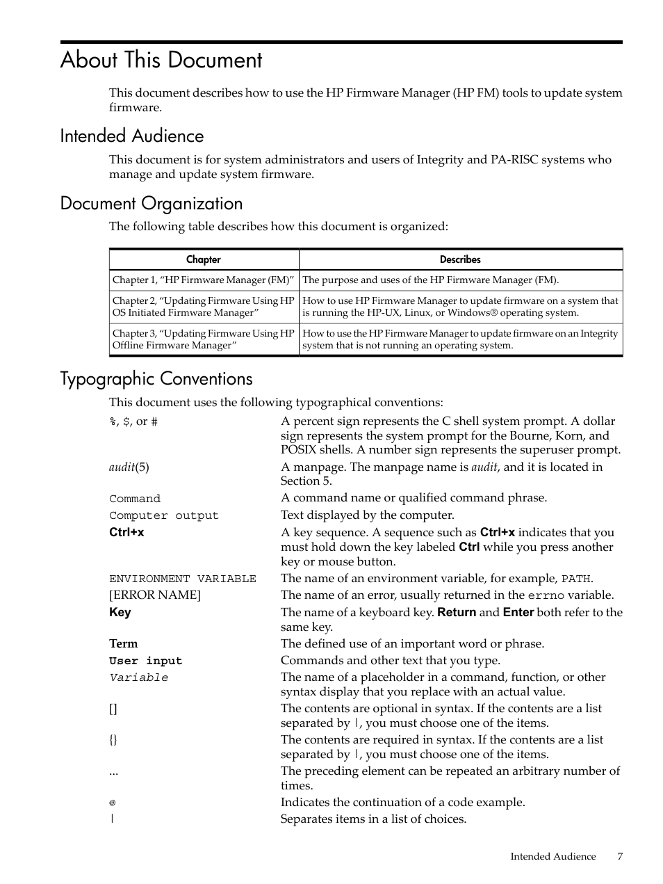 About this document, Intended audience, Document organization | Typographic conventions | HP Integrity rx4640 Server User Manual | Page 7 / 36