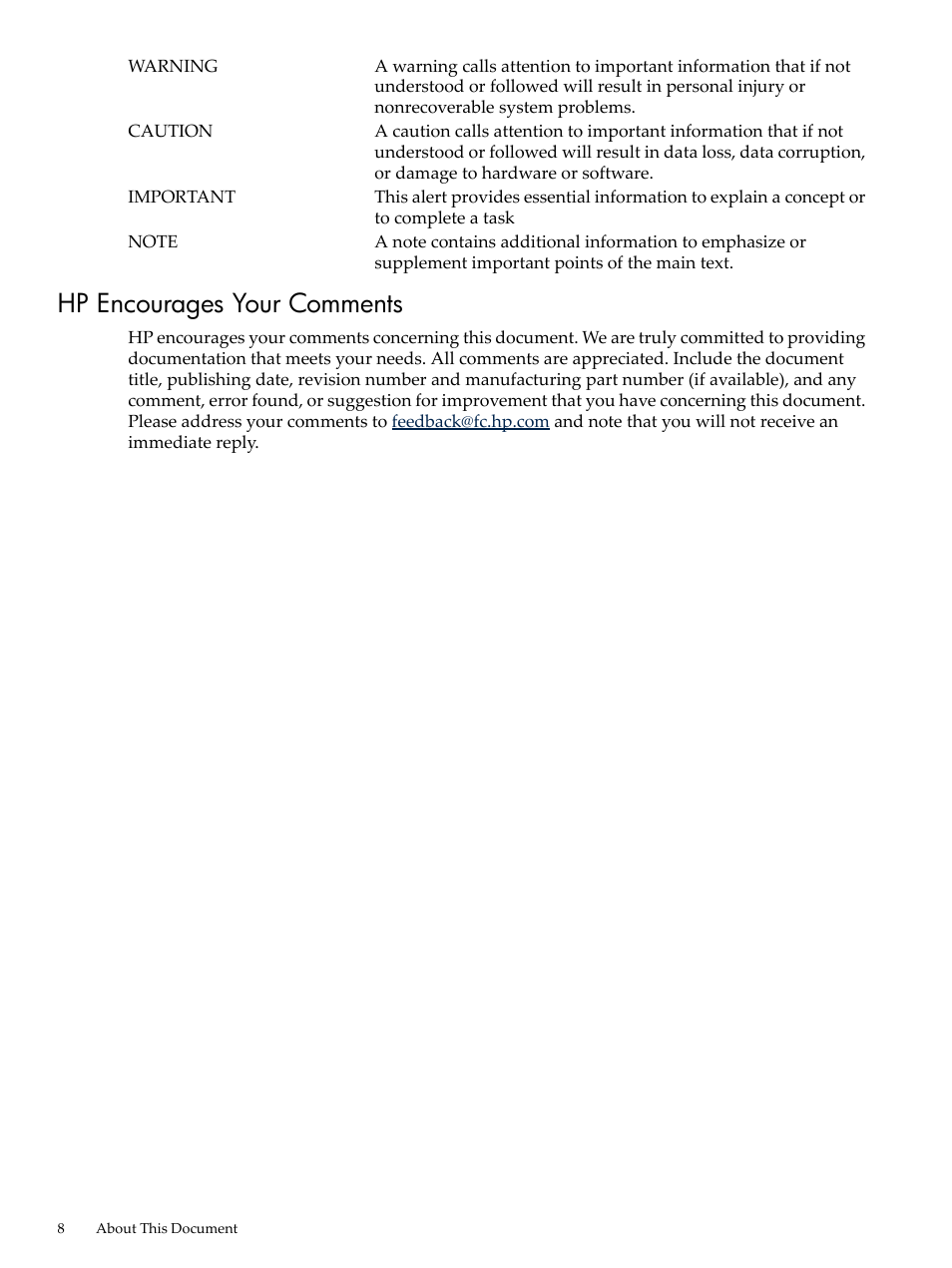 Hp encourages your comments | HP Integrity rx4640 Server User Manual | Page 8 / 36