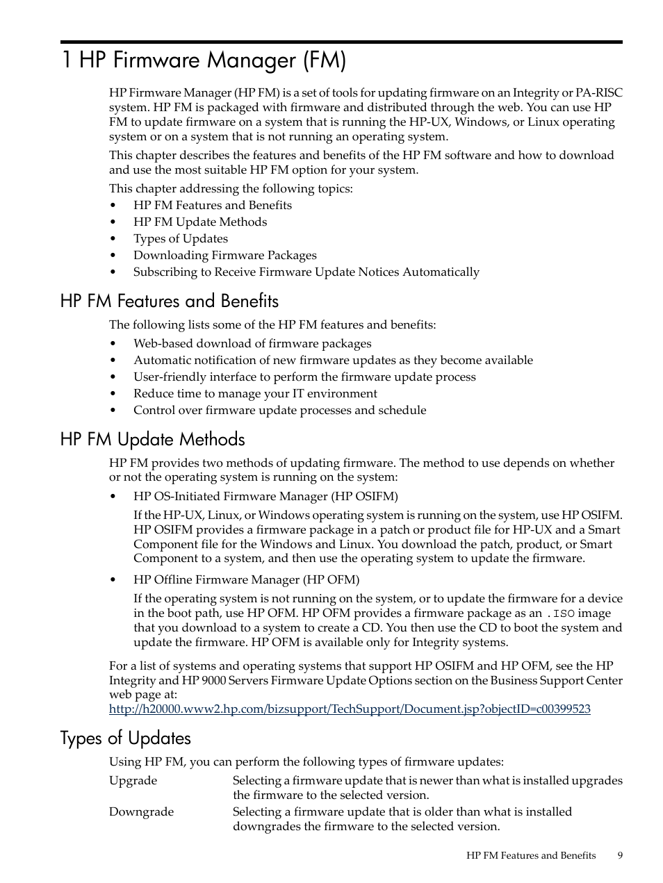 1 hp firmware manager (fm), Hp fm features and benefits, Hp fm update methods | Types of updates | HP Integrity rx4640 Server User Manual | Page 9 / 36