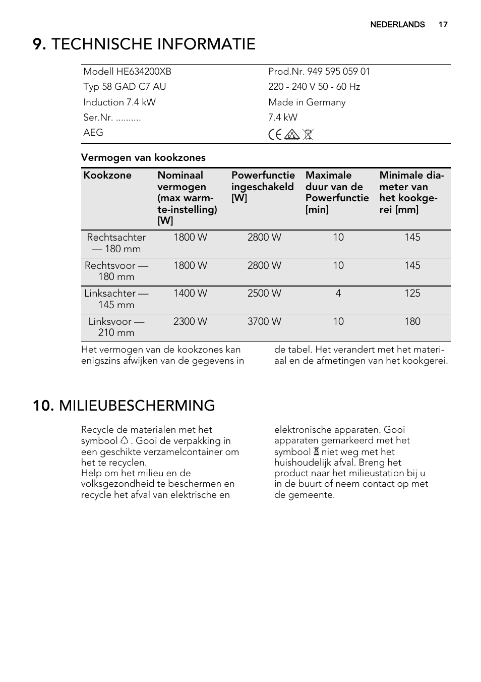 Technische informatie, Milieubescherming | AEG HE634200XB User Manual | Page 17 / 68