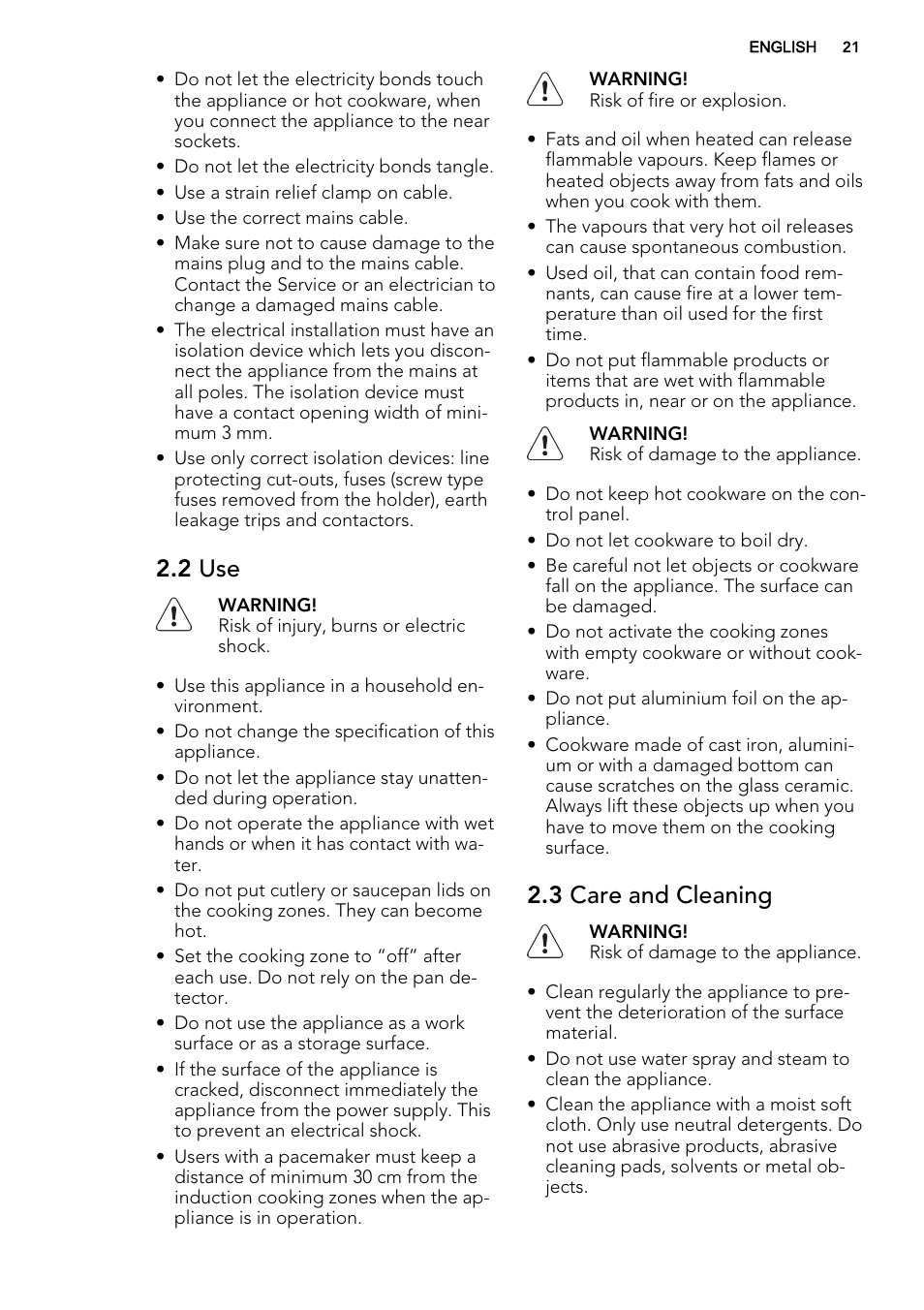 2 use, 3 care and cleaning | AEG HE634200XB User Manual | Page 21 / 68
