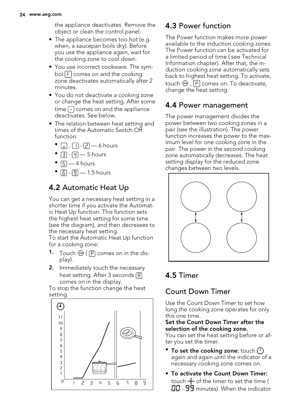 2 automatic heat up, 3 power function, 4 power management | 5 timer count down timer | AEG HE634200XB User Manual | Page 24 / 68