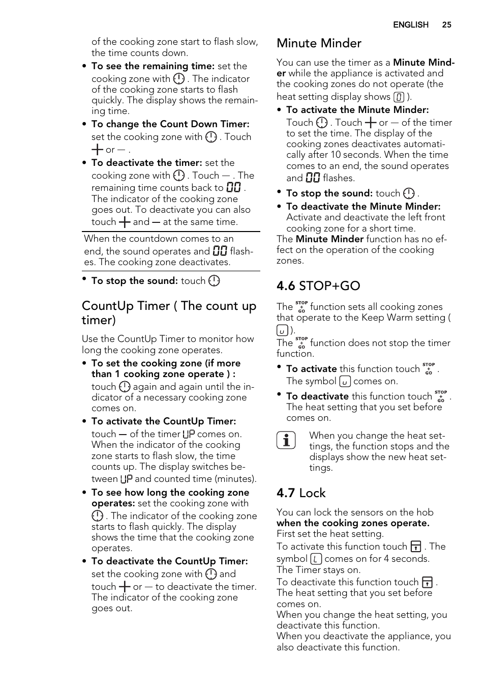 Countup timer ( the count up timer), Minute minder, 6 stop+go | 7 lock | AEG HE634200XB User Manual | Page 25 / 68