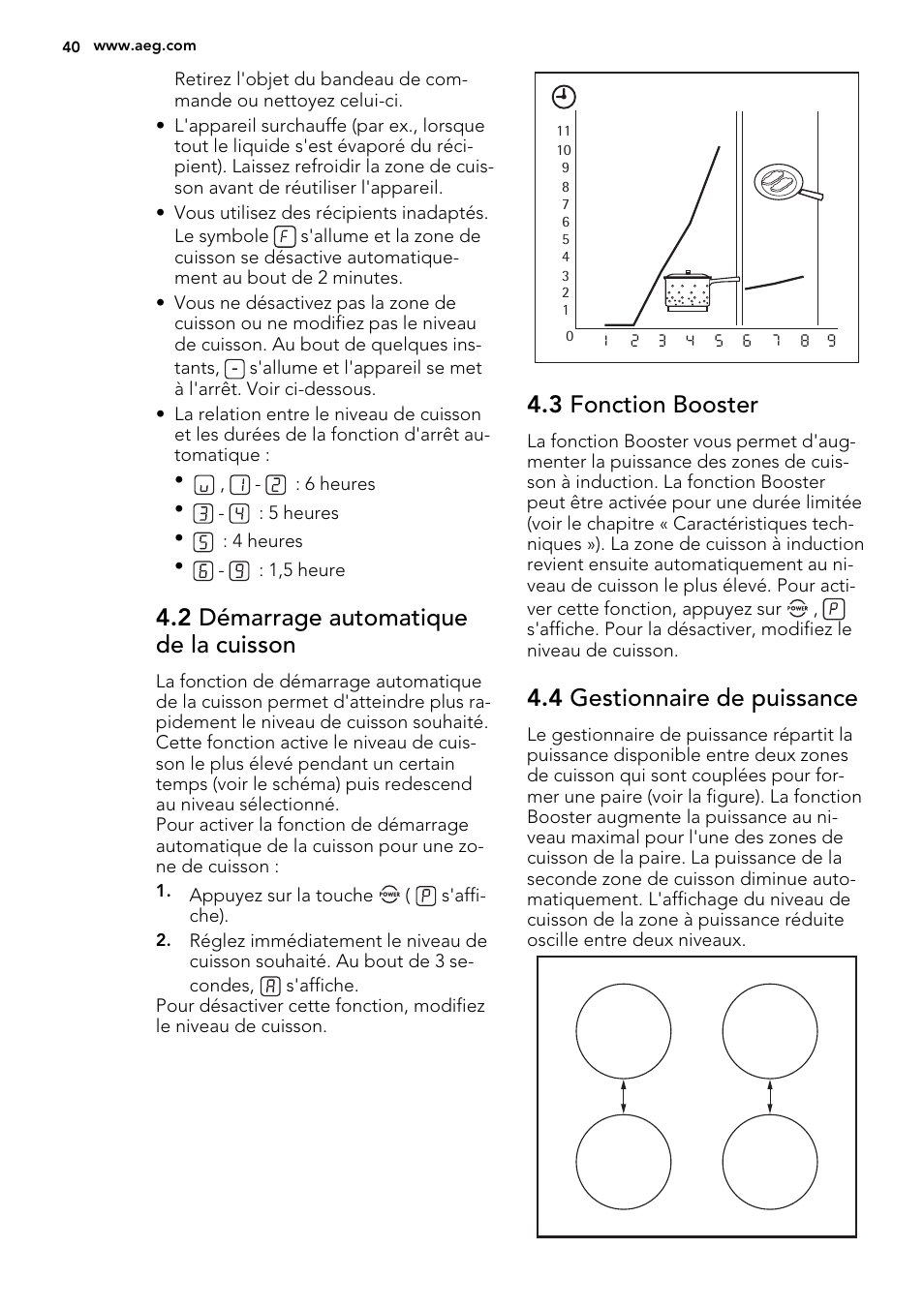2 démarrage automatique de la cuisson, 3 fonction booster, 4 gestionnaire de puissance | AEG HE634200XB User Manual | Page 40 / 68