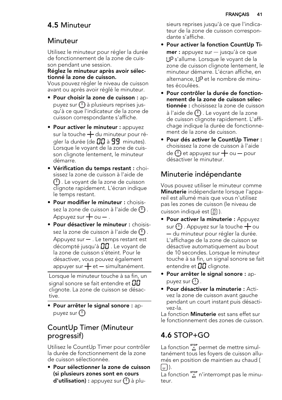 5 minuteur minuteur, Countup timer (minuteur progressif), Minuterie indépendante | 6 stop+go | AEG HE634200XB User Manual | Page 41 / 68