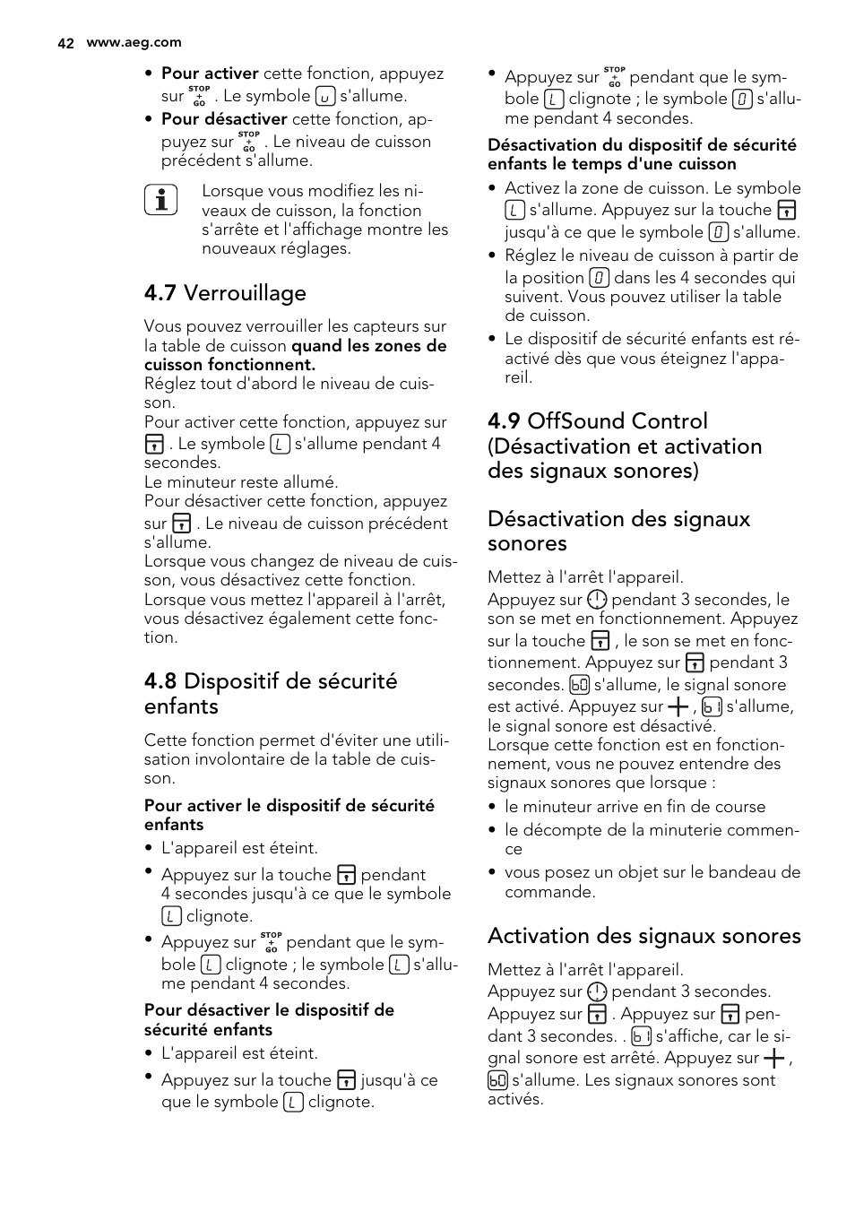 7 verrouillage, 8 dispositif de sécurité enfants, Activation des signaux sonores | AEG HE634200XB User Manual | Page 42 / 68