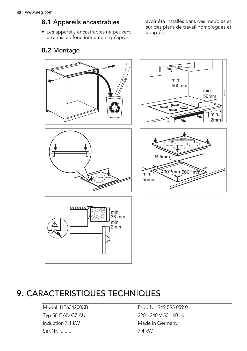 Caracteristiques techniques, 1 appareils encastrables, 2 montage | AEG HE634200XB User Manual | Page 48 / 68