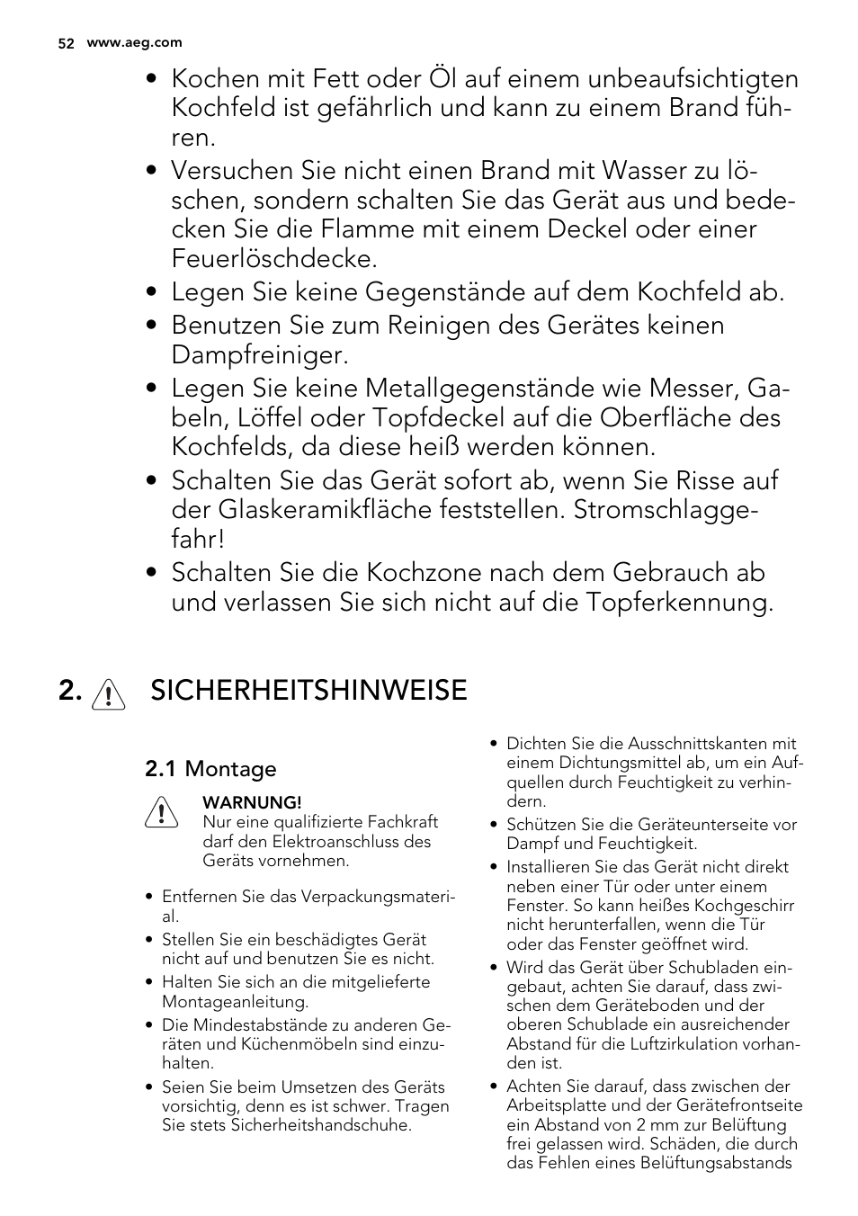 Sicherheitshinweise | AEG HE634200XB User Manual | Page 52 / 68