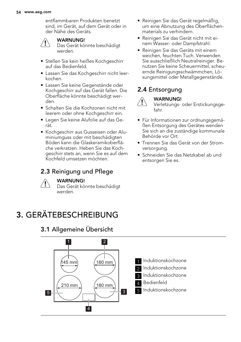 Gerätebeschreibung, 3 reinigung und pflege, 4 entsorgung | 1 allgemeine übersicht | AEG HE634200XB User Manual | Page 54 / 68