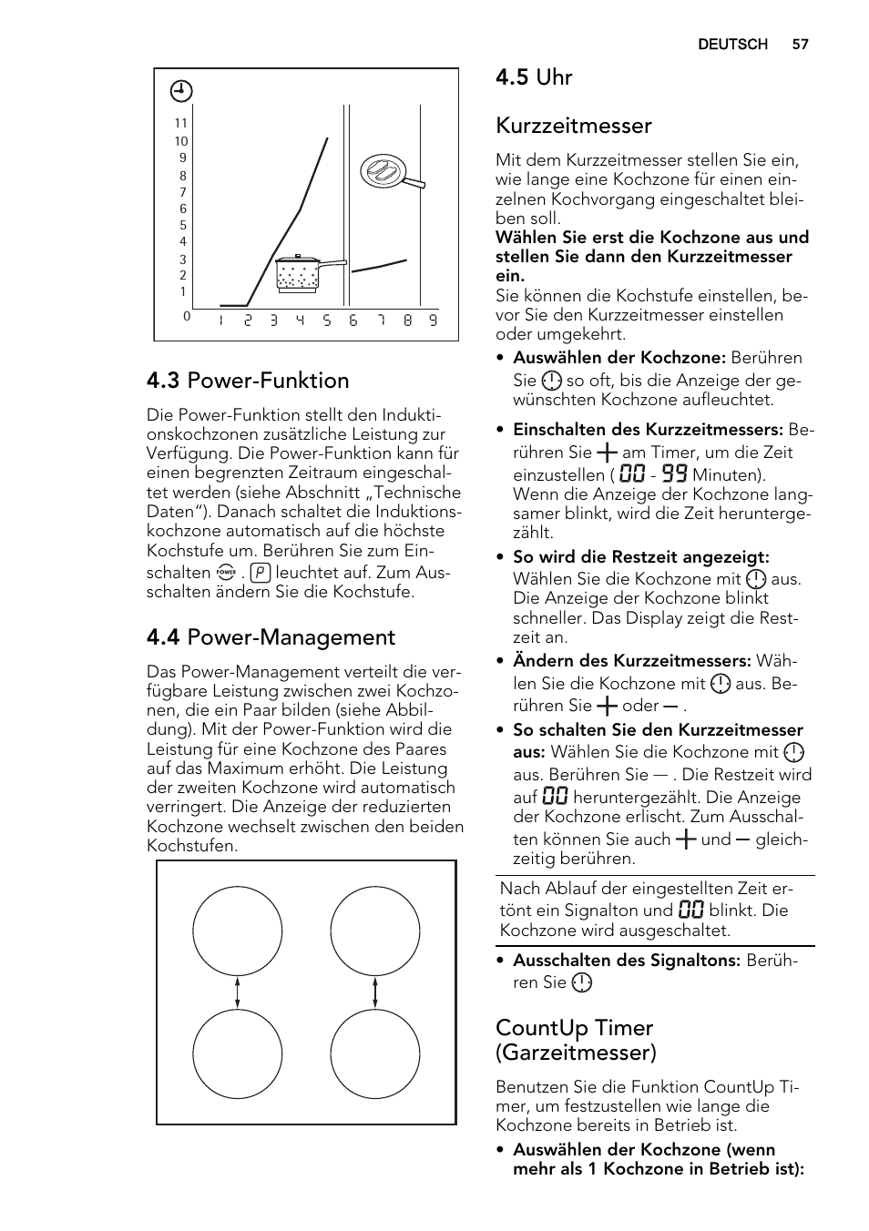 3 power-funktion, 4 power-management, 5 uhr kurzzeitmesser | Countup timer (garzeitmesser) | AEG HE634200XB User Manual | Page 57 / 68