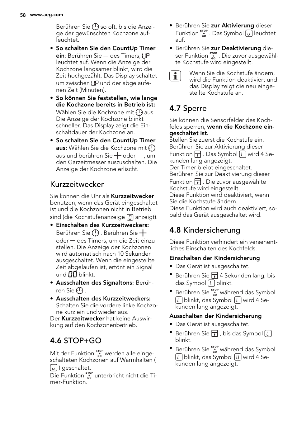 Kurzzeitwecker, 6 stop+go, 7 sperre | 8 kindersicherung | AEG HE634200XB User Manual | Page 58 / 68