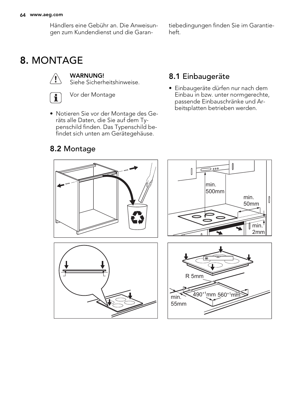 Montage, 1 einbaugeräte, 2 montage | AEG HE634200XB User Manual | Page 64 / 68