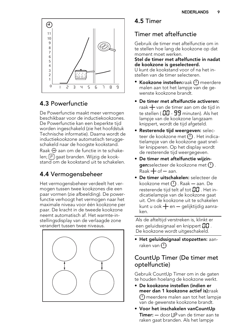3 powerfunctie, 4 vermogensbeheer, 5 timer timer met aftelfunctie | Countup timer (de timer met optelfunctie) | AEG HE634200XB User Manual | Page 9 / 68