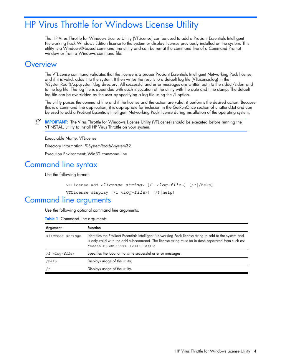 Hp virus throttle for windows license utility, Overview, Command line syntax | Command line arguments | HP NC3131 Fast Ethernet Server Adapter User Manual | Page 4 / 5