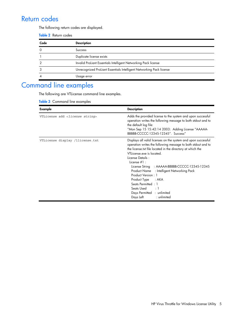 Return codes, Command line examples | HP NC3131 Fast Ethernet Server Adapter User Manual | Page 5 / 5
