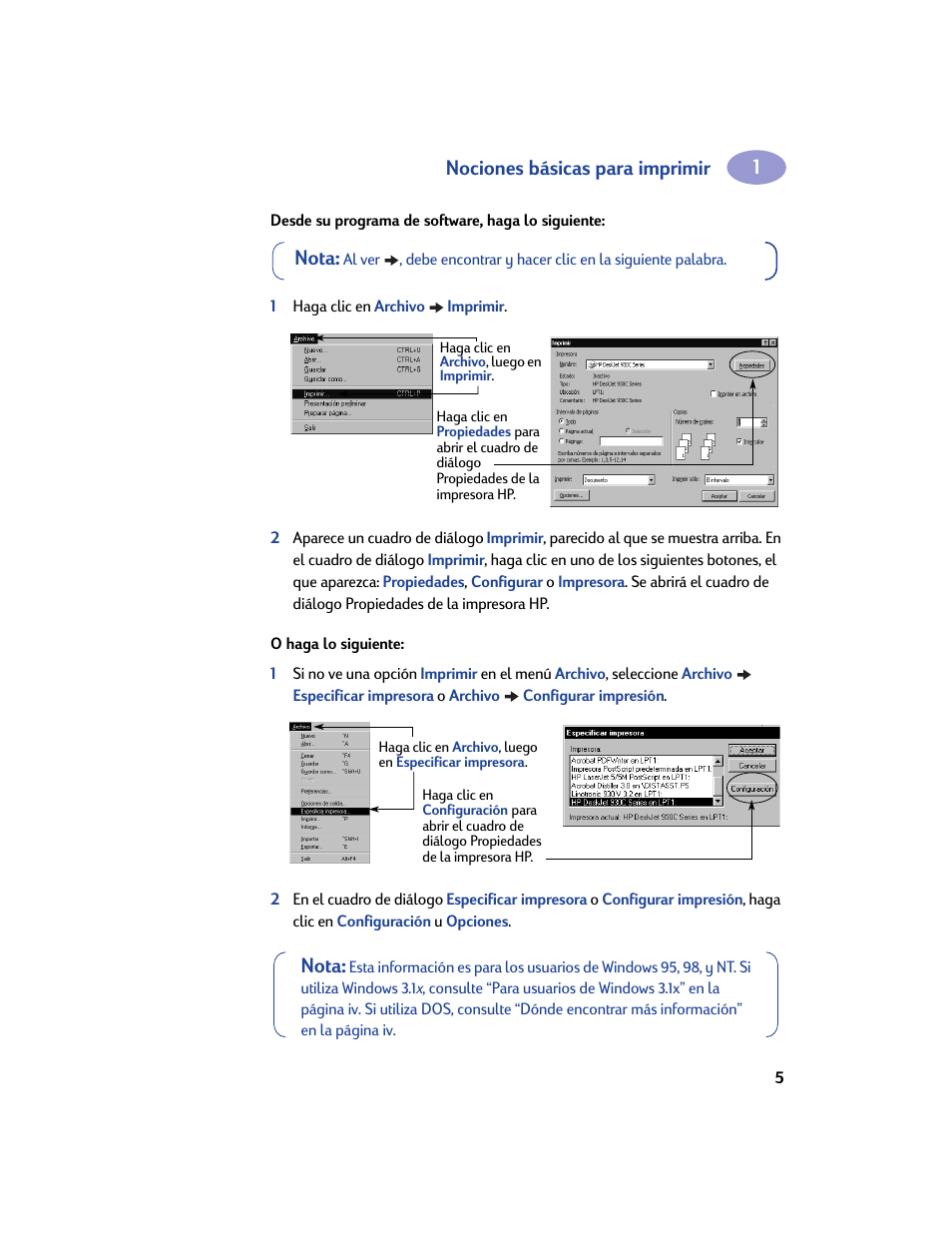Nociones básicas para imprimir, Nota | HP Impresora HP Deskjet 932c User Manual | Page 11 / 75